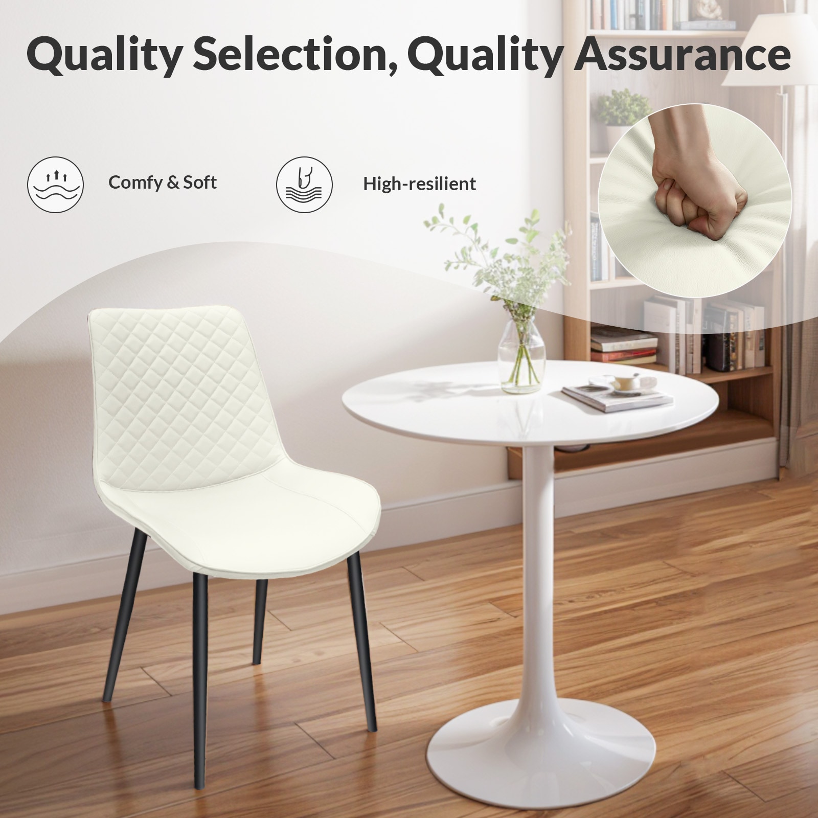 White PU Leather Dining Chair with Metal Legs, Chequer Upholstered Armless Chair Set of 2 for Kitchen, Restaurant, Living, Meeting Room White PU Leather Dining Chair with Metal Legs, Chequer Upholstered Armless Chair Set of 2 for Kitchen, Restaurant, Living, Meeting Room